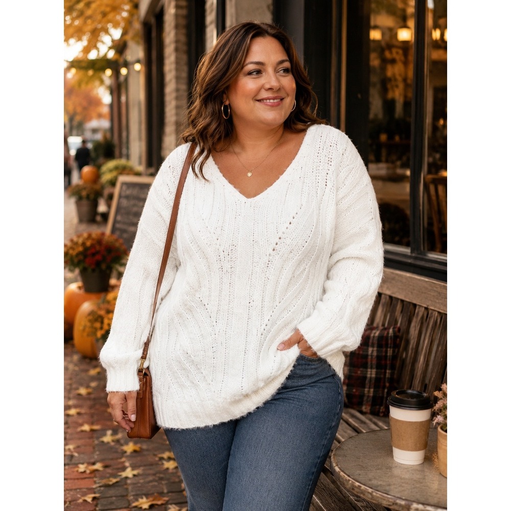 Cupcake Clothing Ltd Ivory Cable Knit V-Neck Oversized Sweater Womens XL Cream